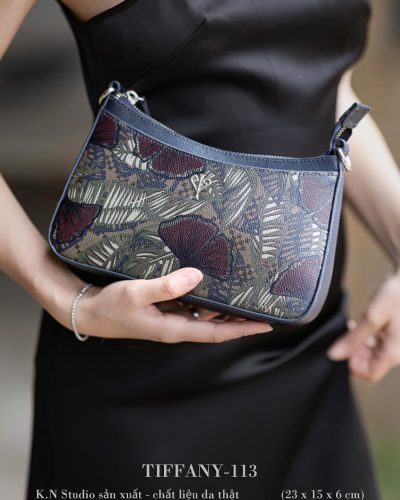 TIFFANY-113 Túi Xách Da Bò Họa Tiết Hoa Xanh